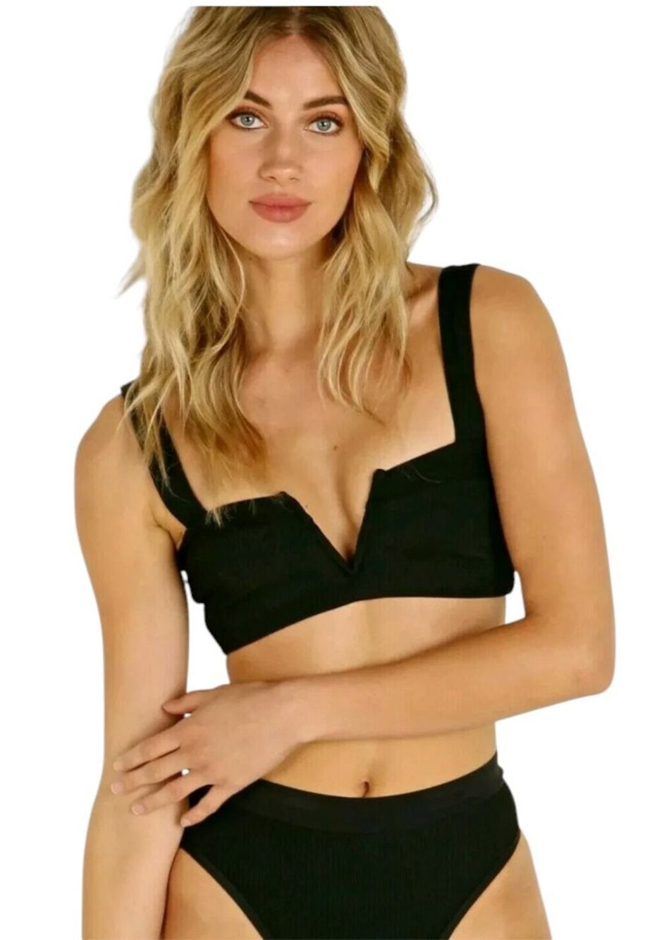 L*Space Black Lee Lee V Front Ribbed Bikini Top